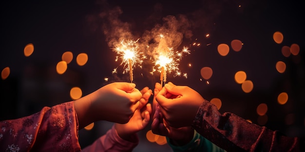 Photo muslim playing firework to celebrate eid mubarak with friends