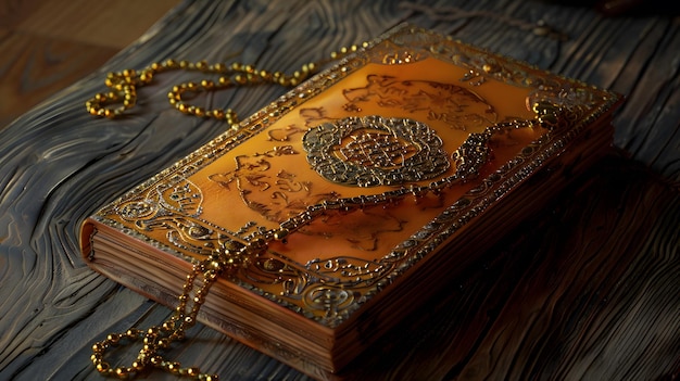 A muslim prayer book lantern and food are on a table dark pink and dark amber