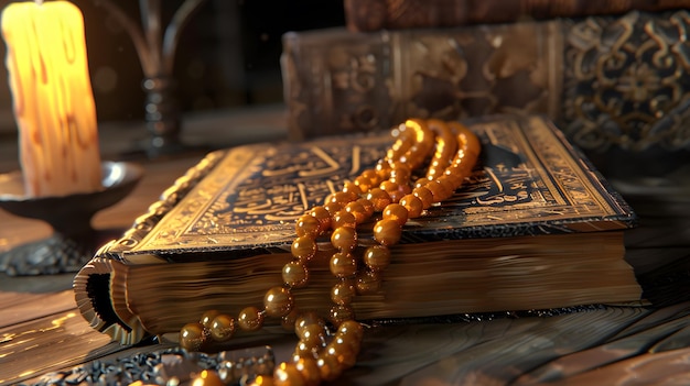 A muslim prayer book lantern and food are on a table dark pink and dark amber