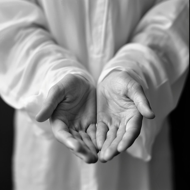 Photo muslim prayer two open empty hands with palms up for dua