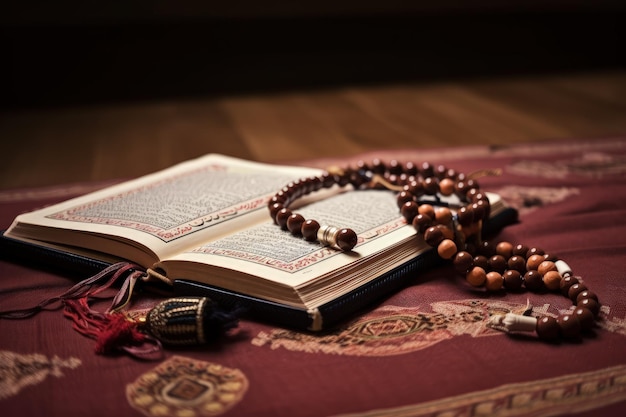 Muslim Quran recitation concept with an opened Quran on a prayer rug with beads Islamic holy book Quran with Arabic design and prayer beads Beautiful Islamic illustration Generative AI