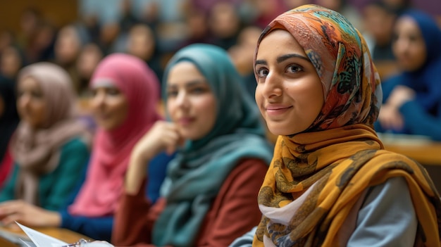 Muslim student participates in a university lecture engaging actively with the professor The diverse classroom environment fosters learning and cultural exchange