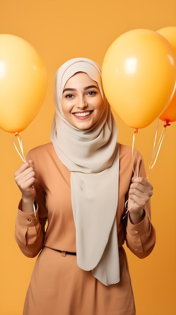 Muslim woman balloons on orange background