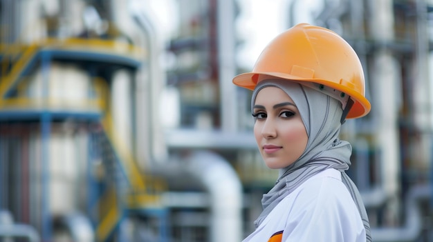 Muslim Woman Engineer in Hardhat at Safe Chemical Factory