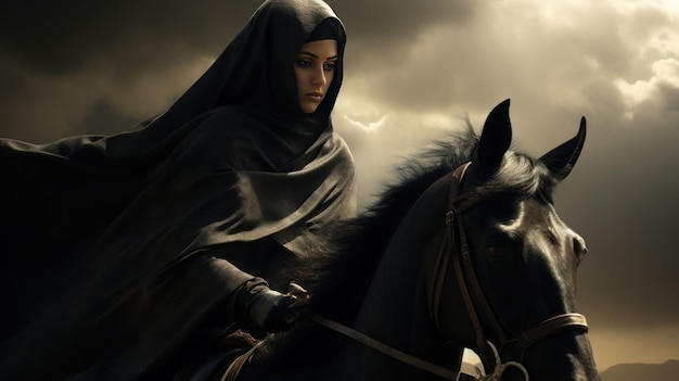 Muslim woman in hijab is riding a horse AI generated image