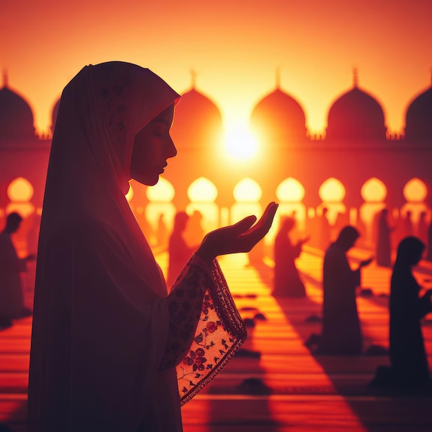 Muslim woman in hijab praying in mosque