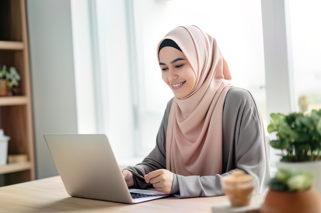 Muslim woman in hijab working comfortably from her home office with a laptop remote job concept