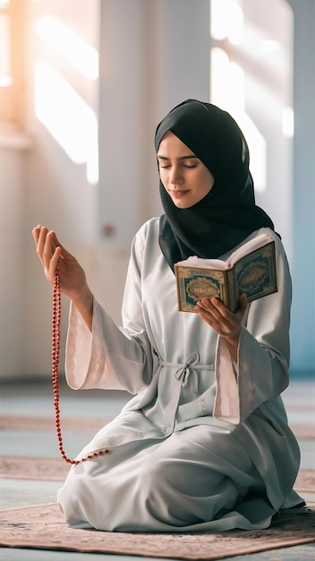 Muslim woman pray with beads and read quran