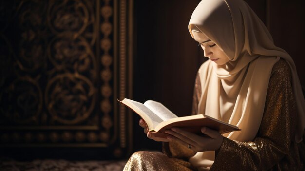 Muslim woman praying with beads and reading Quran