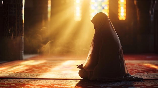 Muslim woman praying with beads and reading Quran