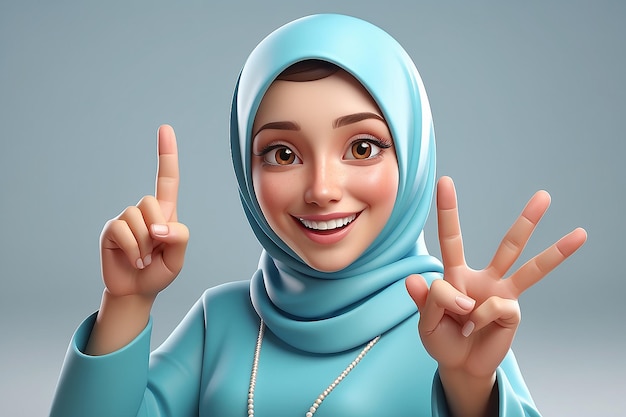 Muslim woman showing victory sign 3D Character Illustration