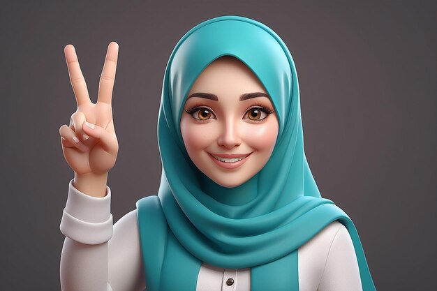 Muslim woman showing victory sign 3D Character Illustration