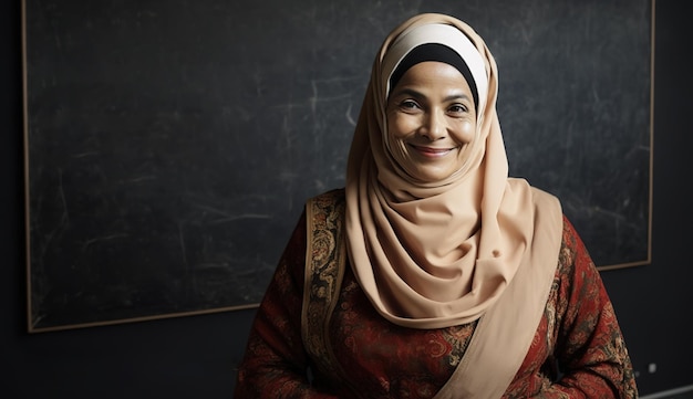 Muslim woman teacher standing in front of class