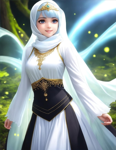 A Muslim woman in a white dress with a blue eyes and a white traditional Islamic scarf