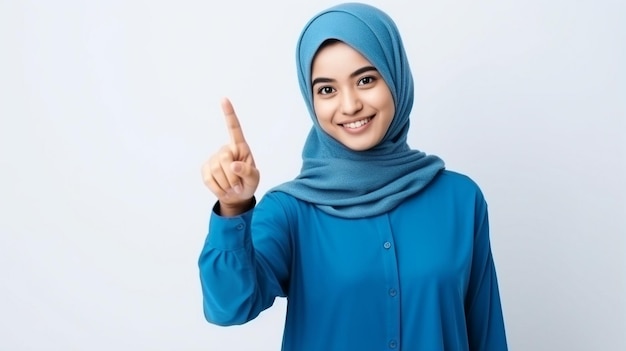 muslim woman with hijab pointing on white background