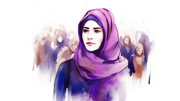 Muslim women in Iran advocate for women's rights watercolor illustration in purple hues Generative AI