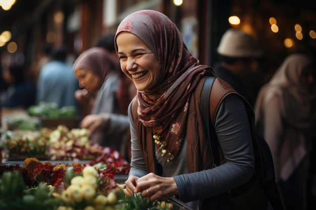 Muslim women using hijabs live the vibrant daily life of a market generative IA