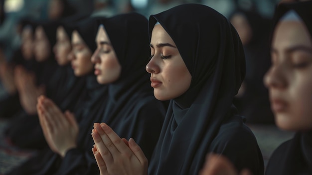 Muslim women wearing black shirts doing prayer