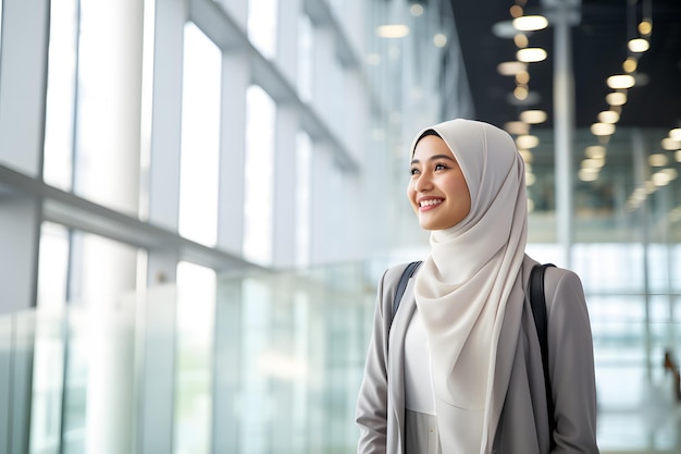 muslim worker in tech industry smile business building background