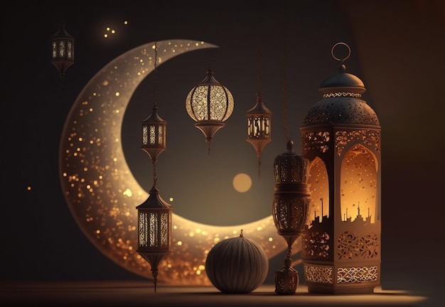 Muslims festival concept with blurred moon and illuminated lantern on smoky night view