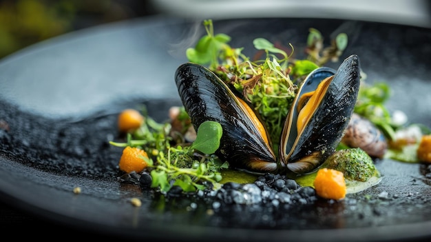 Photo mussel dish on a black plate