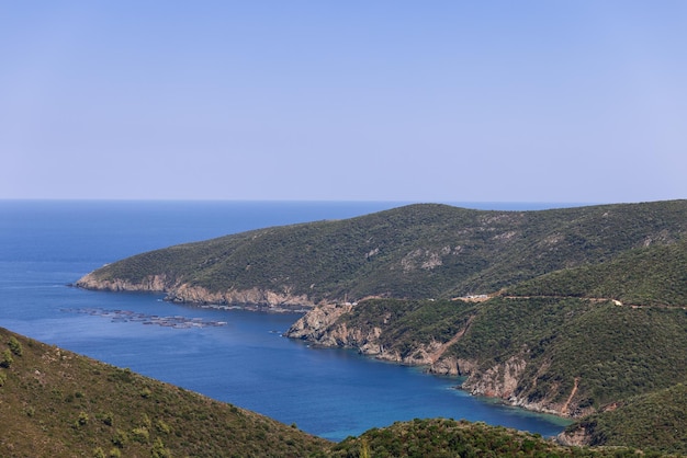 Mussel farm in blue water Aegean sea next to historic Greek territory