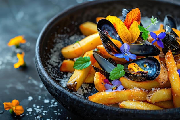 Photo mussels and fries garnished with edible flowers