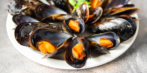 mussels in shells fresh seafood meal on the table copy space food background rustic top view