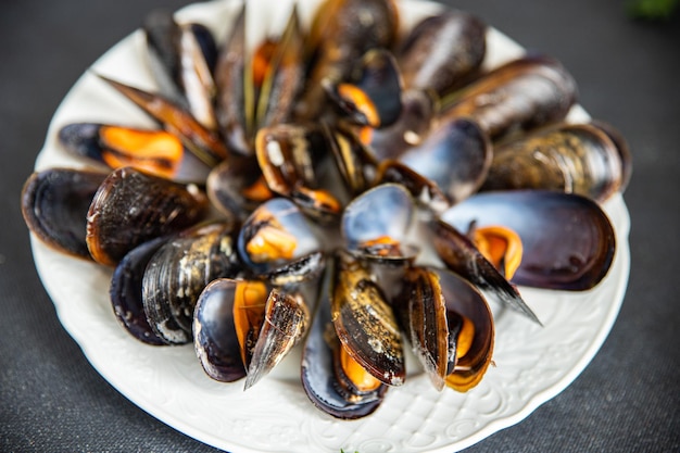 mussels in shells fresh seafood meal on the table copy space food background