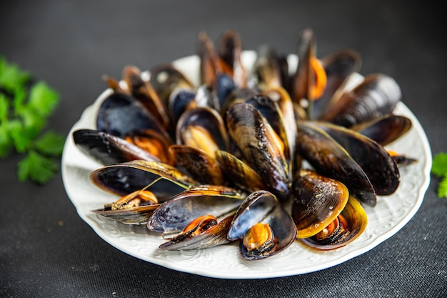 mussels in shells fresh seafood meal on the table copy space food background