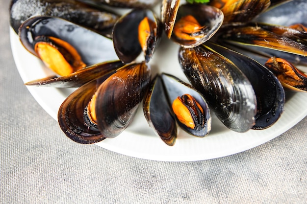 mussels in shells fresh seafood meal on the table copy space food background