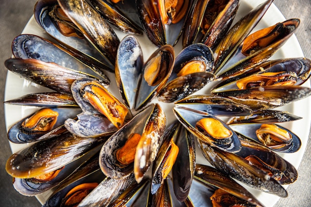 mussels in shells fresh seafood meal on the table copy space food background