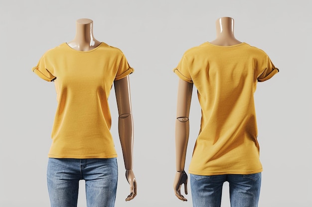 Photo mustard tshirt mockup on mannequin with front and back view