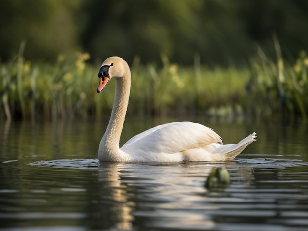 Mute swan floating on wetland in green spring nature ai