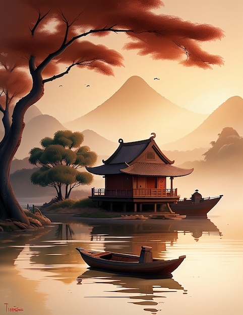 Muted chinese painting of a house and boat with mountain in the background