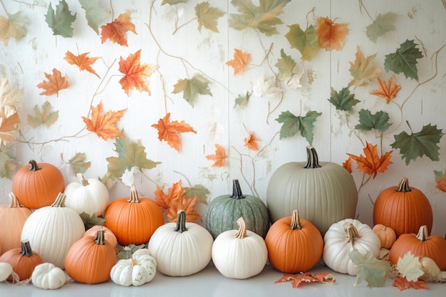 Photo a muted color arrangement of pumpkins and leaves in different sizes creating an autumn display