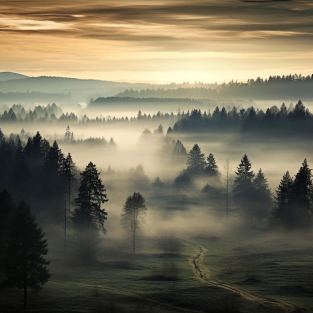 Muted colors of a misty morning landscape