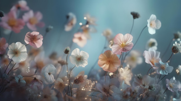 Muted pastel background with 3D glowing flowers Generative AI