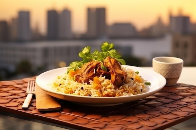 Mutton Biryani on a Ceramic Plate Gracing a Luxury Table in Modern Splendor