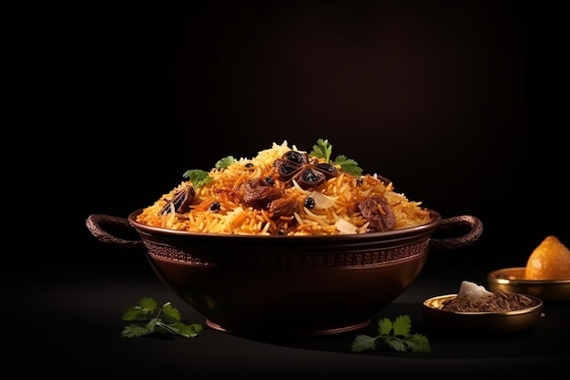 Mutton biryani served in a golden dish isolated on dark background side view indian food