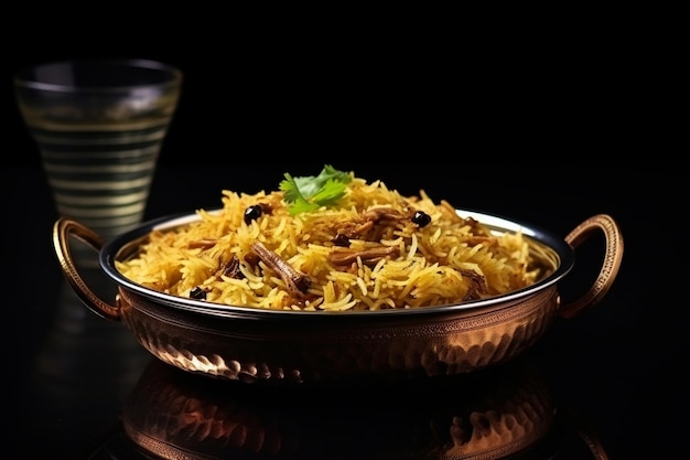 Photo mutton biryani served in a golden dish isolated on dark background side view indian food