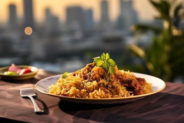 Mutton Biryani Served with Elegance on a Ceramic Plate against a Modern Backdrop