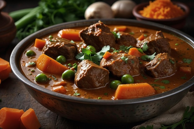 Mutton curry with carrots and peas