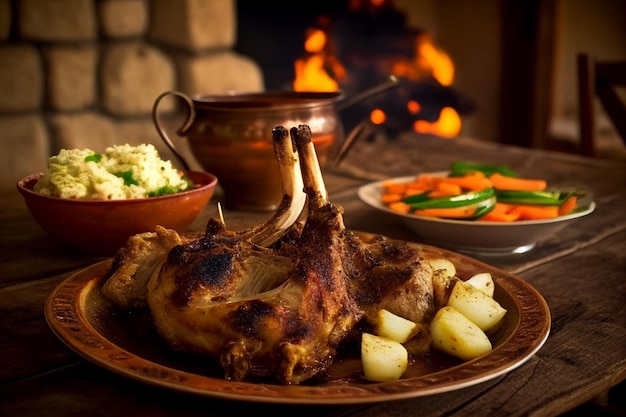 Mutton on luxurious plate presented on wooden table arabian style