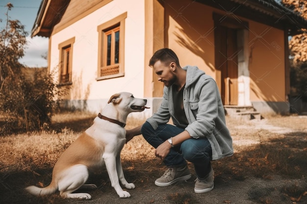 Mutual joy young adult smiling man in casual clothes crouching touching looking at his dog on walk near country house on fine afternoon