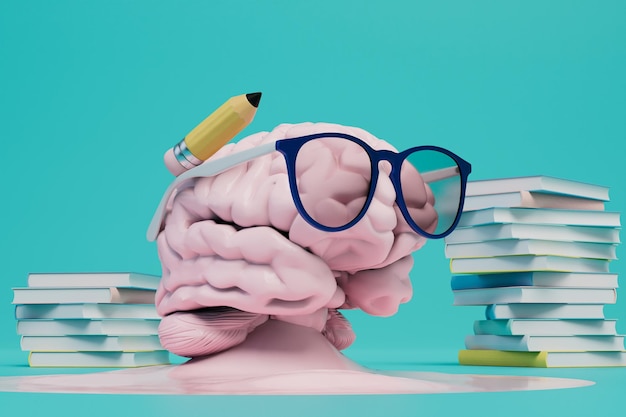 My brain is tired of studying a spreading brain among stacks of books on a turquoise background