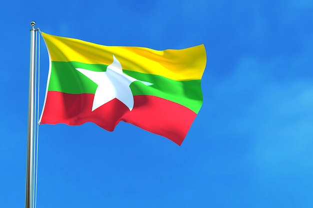 Myanmar (Burma) flag on the blue sky background