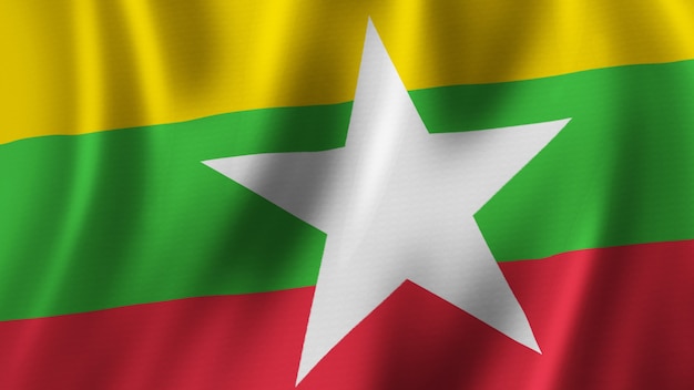 Myanmar Flag Waving Closeup 3D Rendering With High Quality Image with Fabric Texture