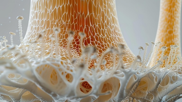 The mycelium network is seen in this microscopic view of a mushroom stem as thin threads encircling the base Generative AI