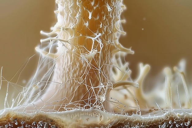 The mycelium network is seen in this microscopic view of a mushroom stem as thin threads encircling the base Generative AI